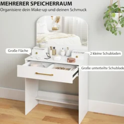 Sminkebord med spejl, 3 skuffer, hvid, kompakt design