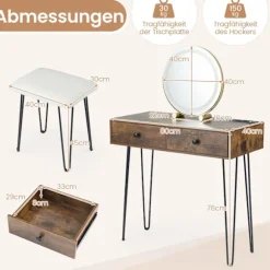 Sminkebord med spejl, belysning, ladestation og skammel