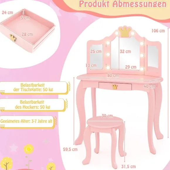 Sminkebord til børn med belysning, sminkebord til piger med trefoldet spejl, pink
