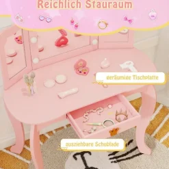 Sminkebord til børn med belysning, sminkebord til piger med trefoldet spejl, pink