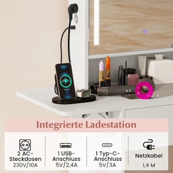 Sminkebordsæt med LED-spejl, skammel og stikkontakter