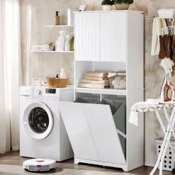 SoBuy Høj badeværelsesskab med 4 døre i hvid 70x37x170cm, funktionel BZR150-W