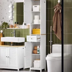 SoBuy Høj badeværelsesskab med 1 skuffe i træ 32x30x170.5cm, funktionel FRG236-WN