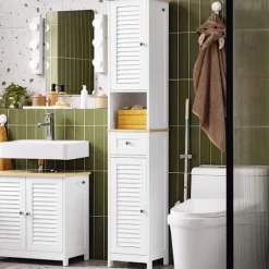 SoBuy Høj badeværelsesskab med 1 skuffe i træ 32x30x170.5cm, funktionel FRG236-WN