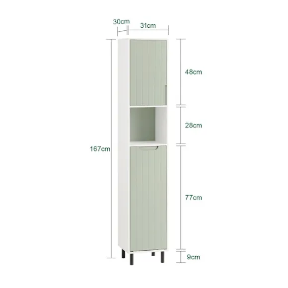 SoBuy Høj badeværelsesskab med 2 døre i grøn 31x30x167cm, funktionel BZR137-GR