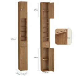 SoBuy Høj badeværelsesskab med 1 skuffe i mørkebrun 20x20x180cm, funktionel BZR34-II-PF