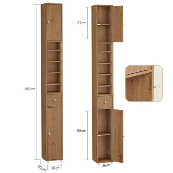 SoBuy Høj badeværelsesskab med 1 skuffe i mørkebrun 20x20x180cm, funktionel BZR34-II-PF