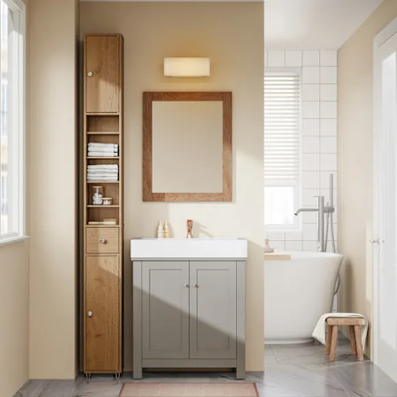 SoBuy Høj badeværelsesskab med 1 skuffe i mørkebrun 20x20x180cm, funktionel BZR34-II-PF