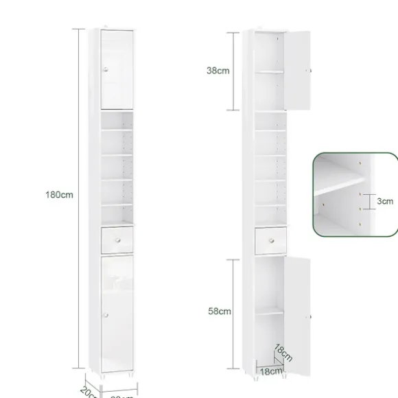 SoBuy Høj badeværelsesskab med 1 skuffe i hvid 20x20x180cm, moderne BZR167-GW