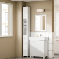SoBuy Høj badeværelsesskab med 1 skuffe i hvid 20x20x180cm, moderne BZR167-GW