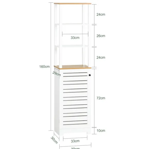 SoBuy Høj badeværelsesskab med 1 dør i hvid 40x30x160cm, rustik BZR43-W