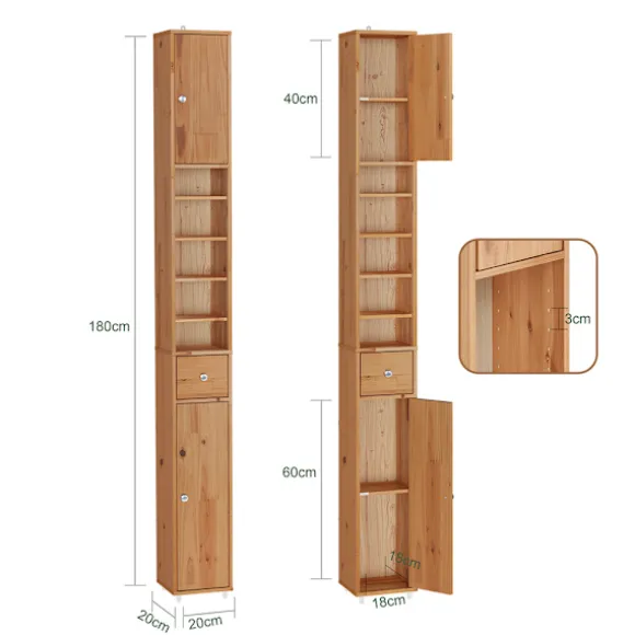 SoBuy Høj badeværelsesskab med 1 skuffe i lysebrun 20x20x180cm, funktionel BZR34-II-SH