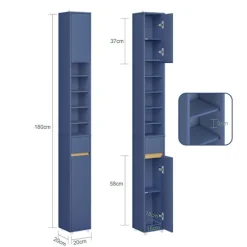 SoBuy Høj badeværelsesskab med 1 skuffe i blå 20x20x180cm, funktionel BZR34-II-B