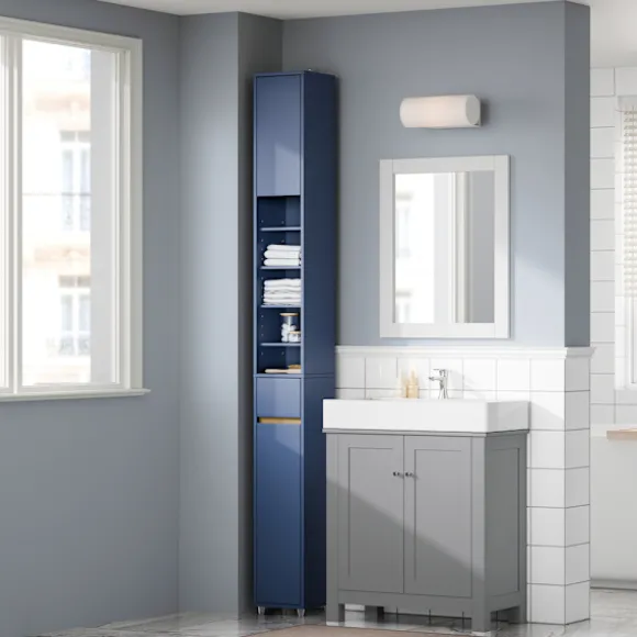 SoBuy Høj badeværelsesskab med 1 skuffe i blå 20x20x180cm, funktionel BZR34-II-B