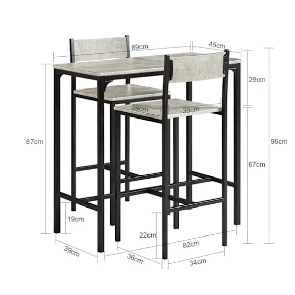 SoBuy Højt barbord med 2 barstole, Køkkenbord+2 skamler,OGT03-HG Cement