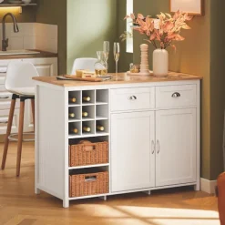 SoBuy hvid køkkenø med 2 kurve og 1 barbord 120x60x90cm, moderne KNL05-W
