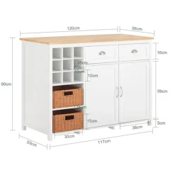 SoBuy hvid køkkenø med 2 kurve og 1 barbord 120x60x90cm, moderne KNL05-W