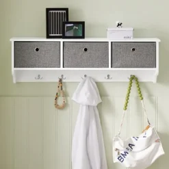 SoBuy hvid vægmonteret tøjstativ med 5 kroge og 3 stofkurve 100x20x30cm, moderne FRG282-W