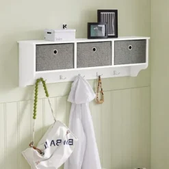 SoBuy hvid vægmonteret tøjstativ med 5 kroge og 3 stofkurve 100x20x30cm, moderne FRG282-W