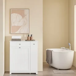 SoBuy hvidt badeværelsesskab med vasketøjskurv med 1 skuffe 78x38x90.3cm, moderne BZR214-W