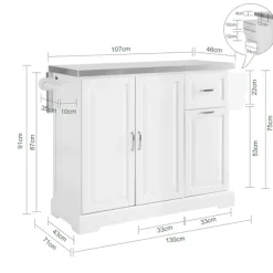 SoBuy Køkkenø med 2 skuffer i hvid 129x71x91cm, moderne FKW128-ST