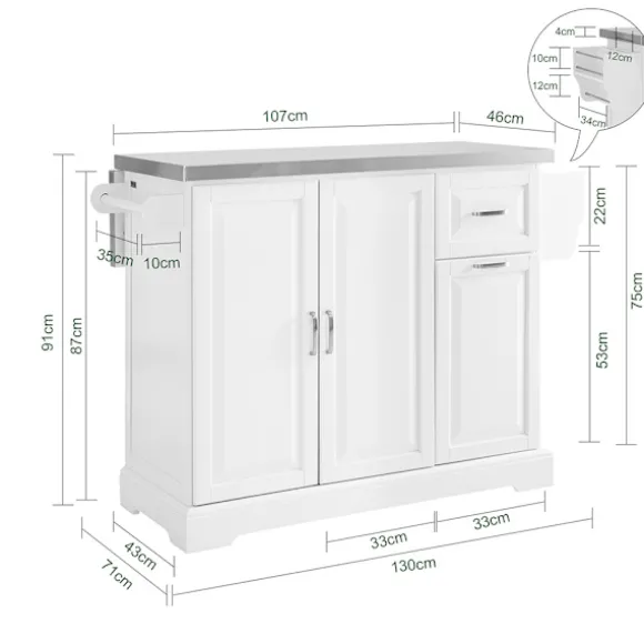 SoBuy Køkkenø med 2 skuffer i hvid 129x71x91cm, moderne FKW128-ST