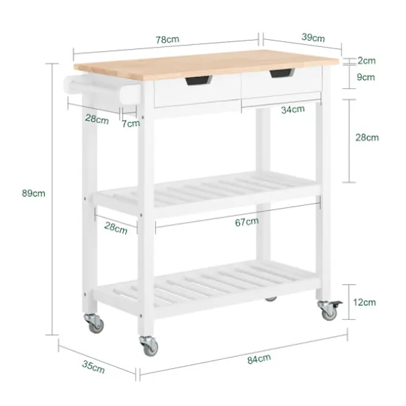 SoBuy Køkkenø med 2 skuffer i hvid 84x39x89cm, moderne FKW68-WN