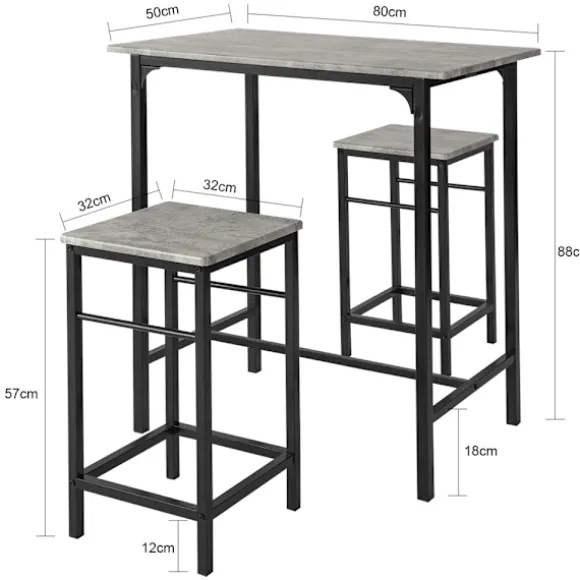 SoBuy lysegrå bord med 2 skamler med pladsbesparende 80x50x87cm, industriel OGT10-HG