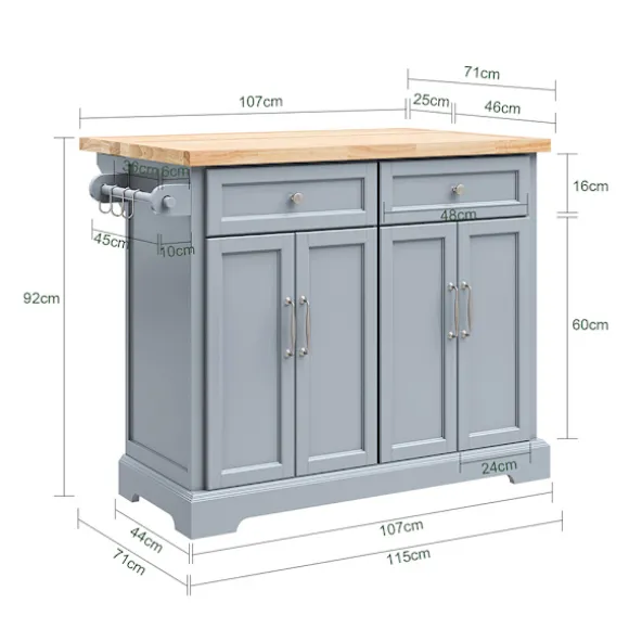SoBuy lysegrå køkkenø med 2 skuffer 115x71x92.5cm, funktionel FKW71-II-HG