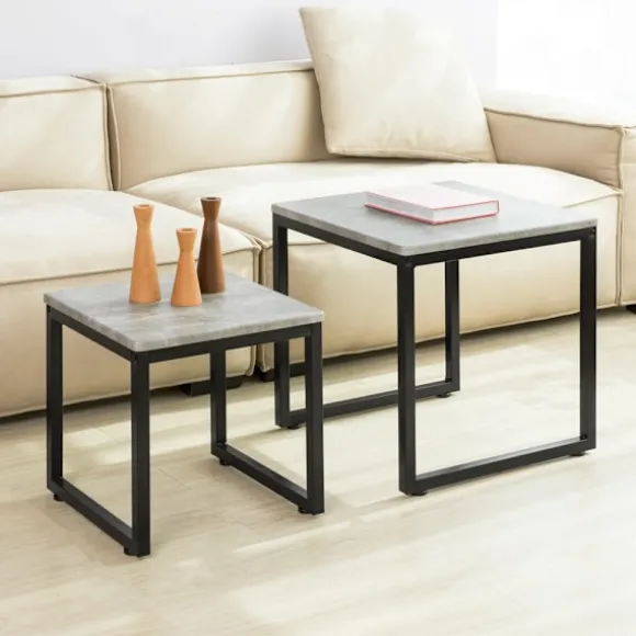 SoBuy lysegrå sæt med 2 sofaborde 50x50x50cm, industriel FBT42-HG