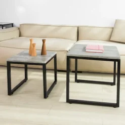 SoBuy lysegrå sæt med 2 sofaborde 50x50x50cm, industriel FBT42-HG