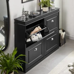 SoBuy sort skoskab med 4 døre 105x24x81.99cm, moderne FSR79-SCH