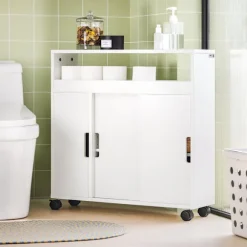 SoBuy Toiletpapirholder med skab med 2 døre i hvid 70x20x70cm, rustik BZR02-W