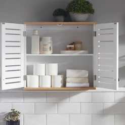 SoBuy Væghængt møbel med 2 døre i hvid 60x19x56cm, rustik BZR42-W