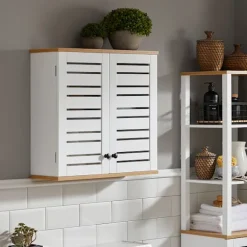 SoBuy Væghængt møbel med 2 døre i hvid 60x19x56cm, rustik BZR42-W