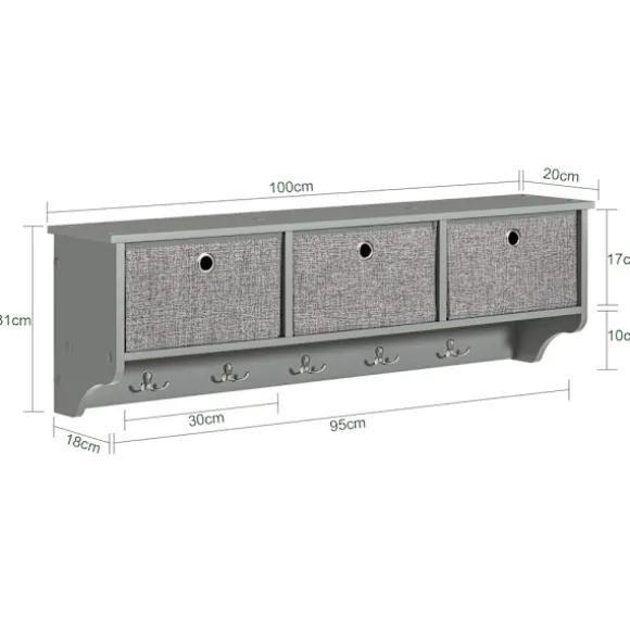 SoBuy Vægmonteret knagerække med 3 hylder i grå 100x20x31cm, moderne FRG282-HG
