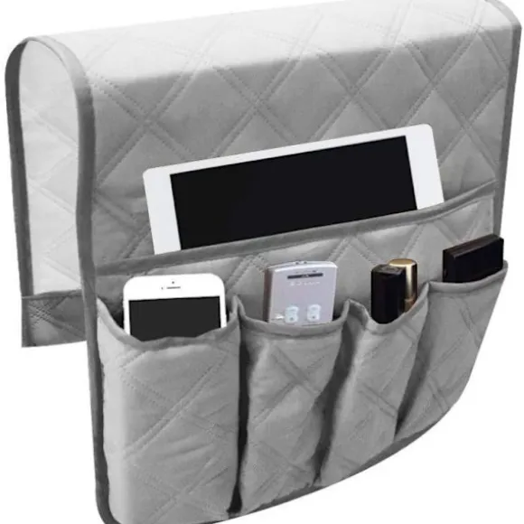 Sofa armlæn organizer (grå), 5 lommer, skridsikker, egnet til tablet, telefon, tablet, bog, magasiner, tv-fjernbetjening