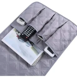 Sofa armlæn organizer (grå), 5 lommer, skridsikker, egnet til tablet, telefon, tablet, bog, magasiner, tv-fjernbetjening