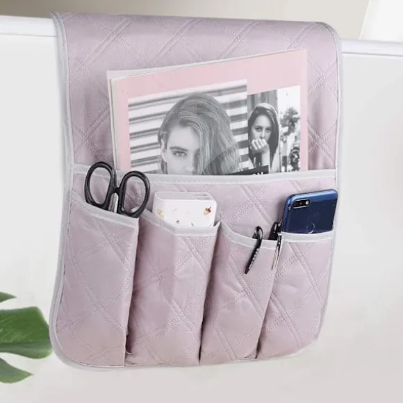 Sofa armlæn organizer (grå), 5 lommer, skridsikker, egnet til tablet, telefon, tablet, bog, magasiner, tv-fjernbetjening