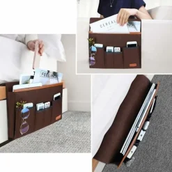 Sofa Armlænsorganisator, Armstol Opbevaringspose med 5 Lommer, Stolebetræk til Fjernbetjening, iPad, Magasin, Briller (Brun), af DEBUNS