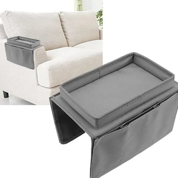 Sofa Bakke Bordklemme på Sidebord, Sammenklappeligt Sofa Armbordsbord Aftagelig Armlænsbakke til Spisning og Drikning grå-FM- gray