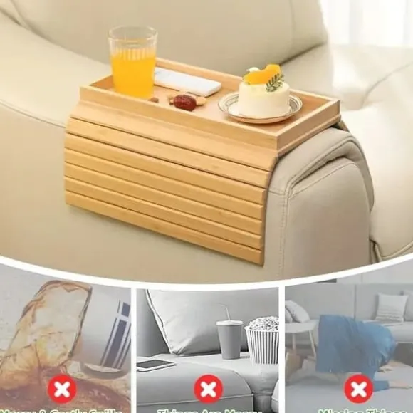 Sofa Bakke i Bambus – Retro Armlænsbakke med Rum til Drikkevarer, Mobil & Fjernbetjening