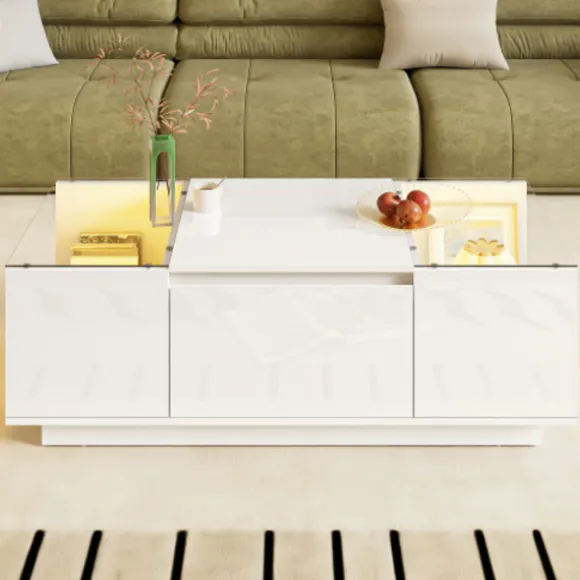 Sofa bord 105 cm med LED-stemningsbelysning, opbevaringsplads, glasplade & 2 skuffer, moderne & minimalistisk white