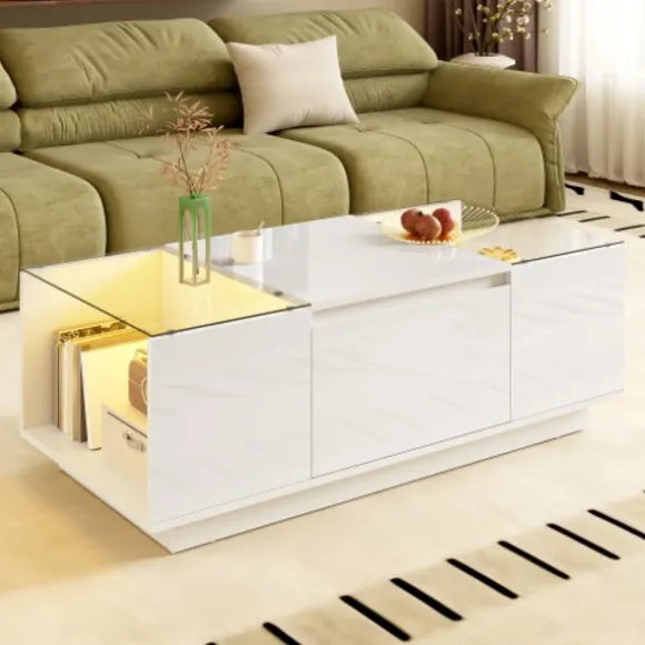 Sofa bord 105 cm med LED-stemningsbelysning, opbevaringsplads, glasplade & 2 skuffer, moderne & minimalistisk white