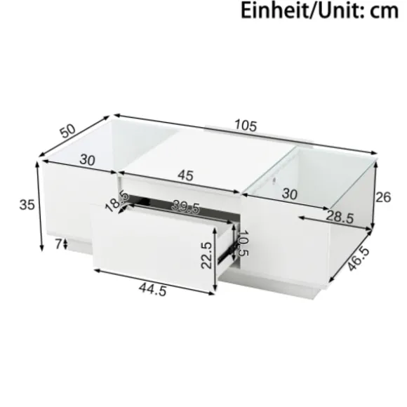 Sofa bord 105 cm med LED-stemningsbelysning, opbevaringsplads, glasplade & 2 skuffer, moderne & minimalistisk white