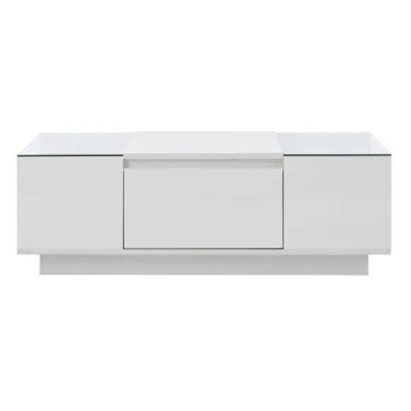 Sofa bord 105 cm med LED-stemningsbelysning, opbevaringsplads, glasplade & 2 skuffer, moderne & minimalistisk white