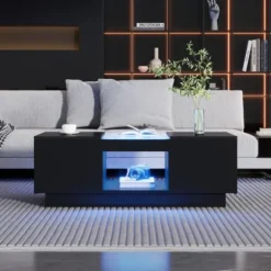 Sofa bord med app-styring & LED-belysning, 2 skuffer, glasplade | Sort, 100x50x35,5 cm | Moderne stuebord Black