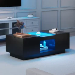 Sofa bord med app-styring & LED-belysning, 2 skuffer, glasplade | Sort, 100x50x35,5 cm | Moderne stuebord Black