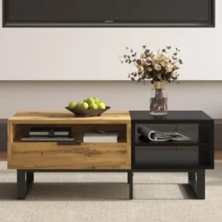 Sofa bord med farveblokdesign, metalben & skuffer - Praktisk stuebord Oak