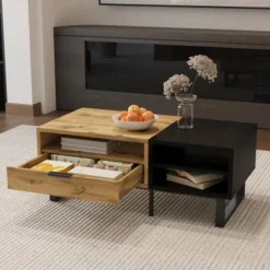 Sofa bord med farveblokdesign, metalben & skuffer - Praktisk stuebord Oak